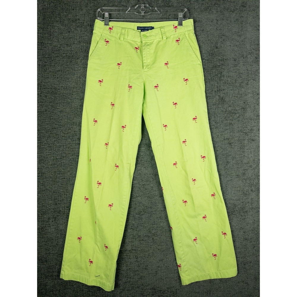 Ralph Lauren Embroidered Flamingo Chino Pants Womens 4 Lime Green Cotton Preppy